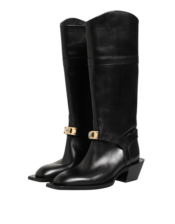 Schwarzes Logo Plaque Over The Calf Stiefel Schuhe