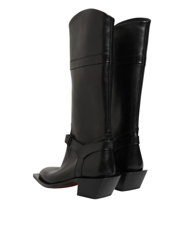 Schwarzes Logo Plaque Over The Calf Stiefel Schuhe