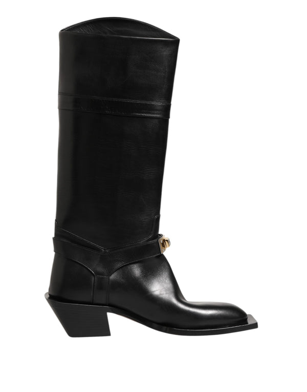 Schwarzes Logo Plaque Over The Calf Stiefel Schuhe