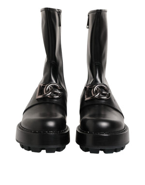 Schwarze Logo-Plakette Mid Calf Biker Boots Schuhe