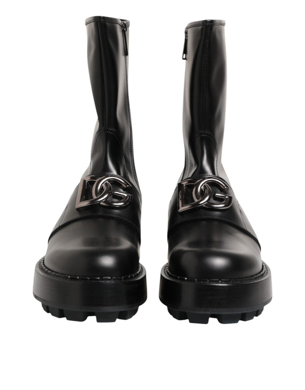 Schwarze Logo-Plakette Mid Calf Biker Boots Schuhe