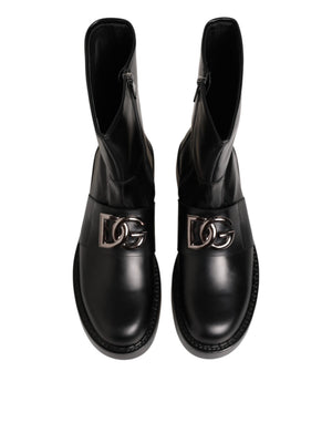 Schwarze Logo-Plakette Mid Calf Biker Boots Schuhe