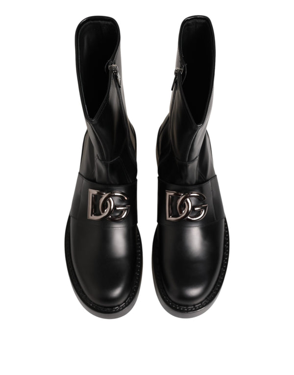 Schwarze Logo-Plakette Mid Calf Biker Boots Schuhe