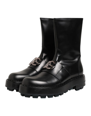 Schwarze Logo-Plakette Mid Calf Biker Boots Schuhe