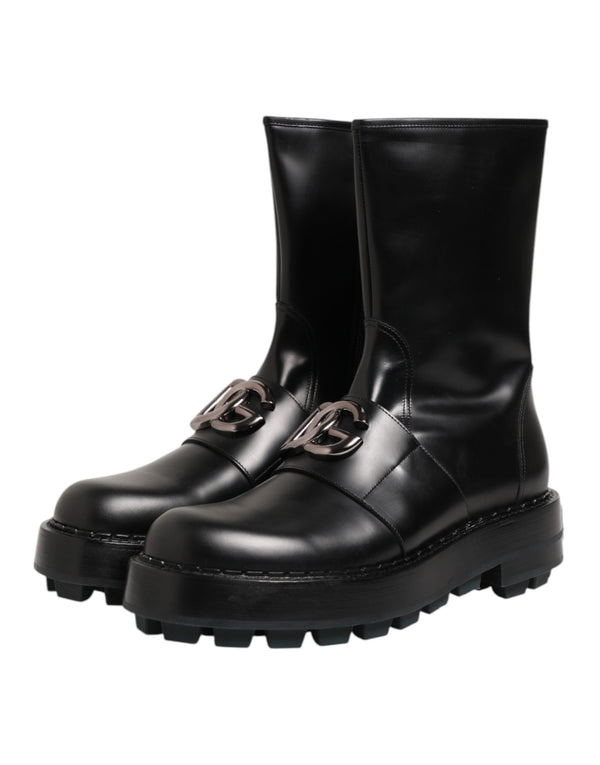 Schwarze Logo-Plakette Mid Calf Biker Boots Schuhe