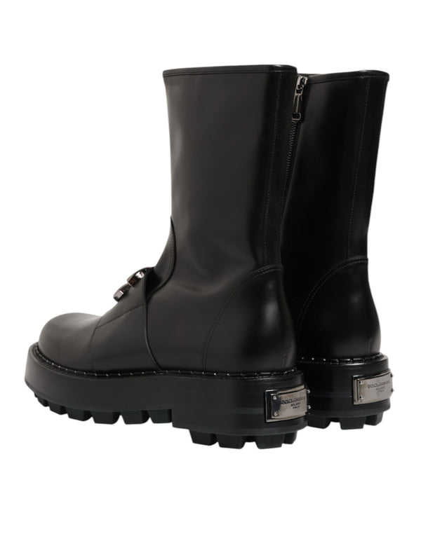 Schwarze Logo-Plakette Mid Calf Biker Boots Schuhe