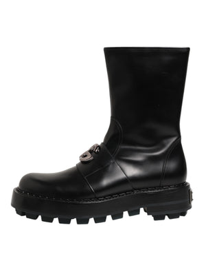 Schwarze Logo-Plakette Mid Calf Biker Boots Schuhe