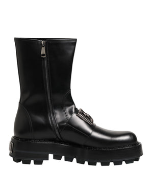 Schwarze Logo-Plakette Mid Calf Biker Boots Schuhe