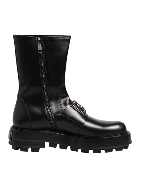 Schwarze Logo-Plakette Mid Calf Biker Boots Schuhe
