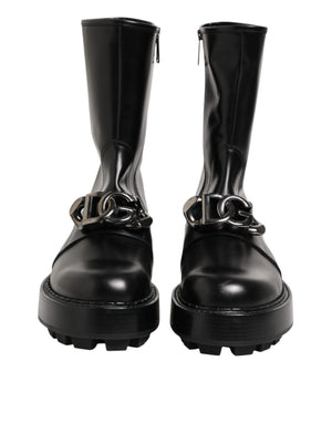 Schwarze Logo-Plakette Mid Calf Biker Boots Schuhe