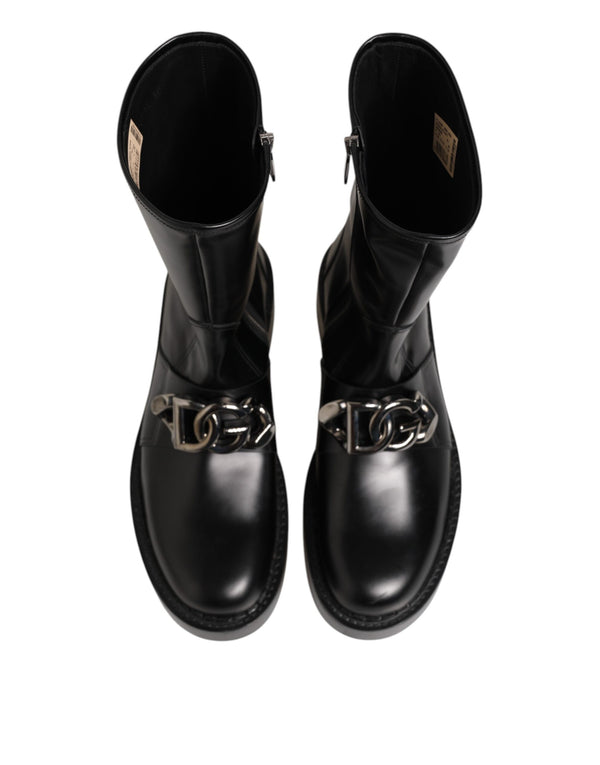 Schwarze Logo-Plakette Mid Calf Biker Boots Schuhe