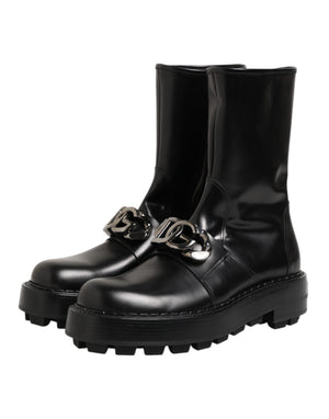 Schwarze Logo-Plakette Mid Calf Biker Boots Schuhe