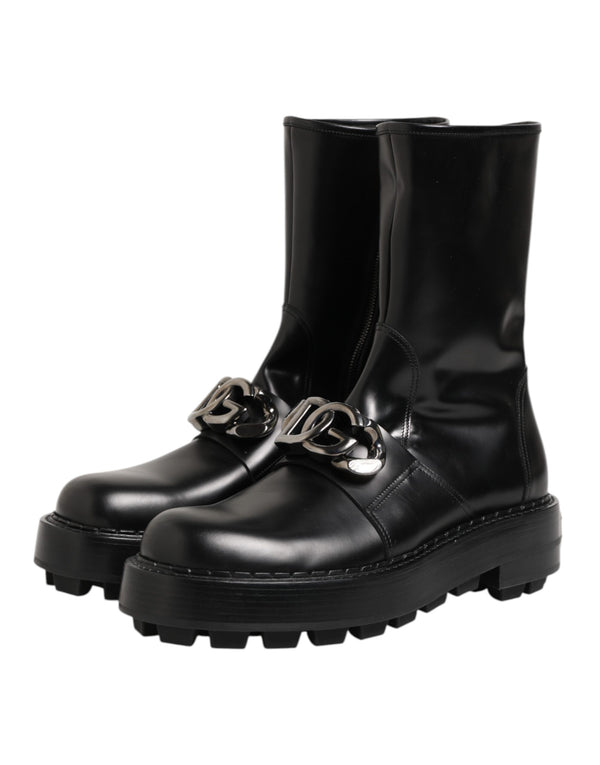 Schwarze Logo-Plakette Mid Calf Biker Boots Schuhe