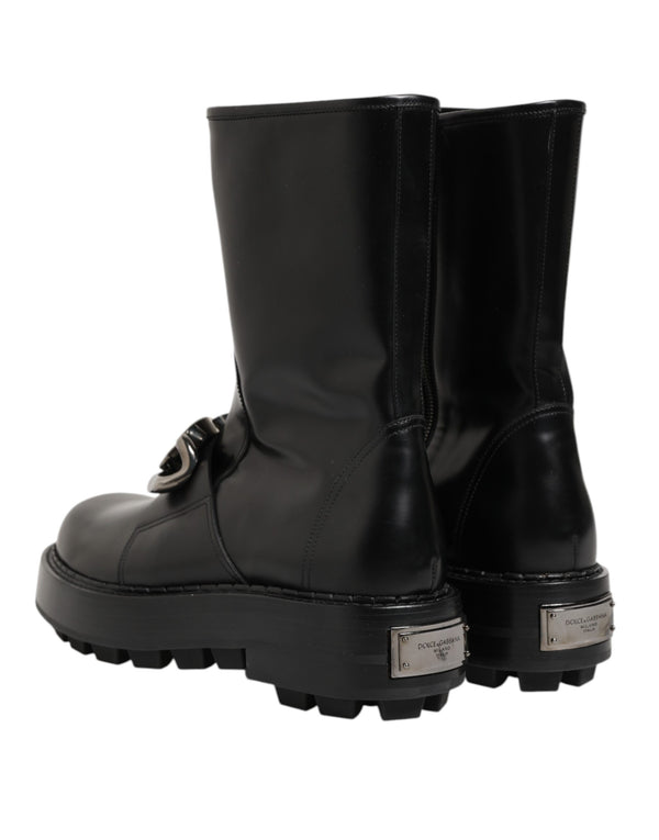 Schwarze Logo-Plakette Mid Calf Biker Boots Schuhe