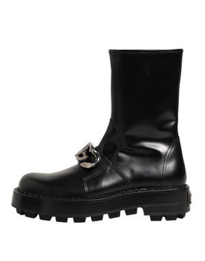 Schwarze Logo-Plakette Mid Calf Biker Boots Schuhe