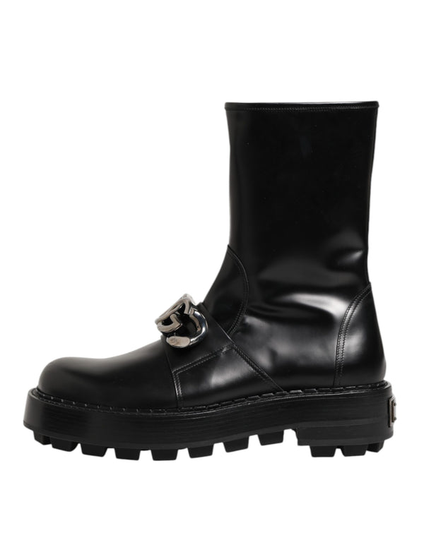 Schwarze Logo-Plakette Mid Calf Biker Boots Schuhe