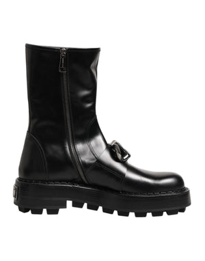Schwarze Logo-Plakette Mid Calf Biker Boots Schuhe
