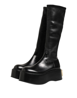 Schwarzes Logo Plaque Over The Calf Stiefel Schuhe