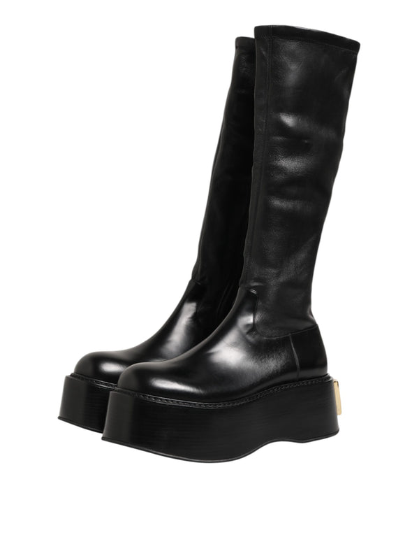 Schwarzes Logo Plaque Over The Calf Stiefel Schuhe
