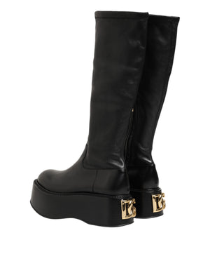 Schwarzes Logo Plaque Over The Calf Stiefel Schuhe