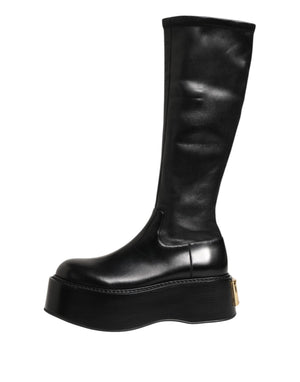 Schwarzes Logo Plaque Over The Calf Stiefel Schuhe