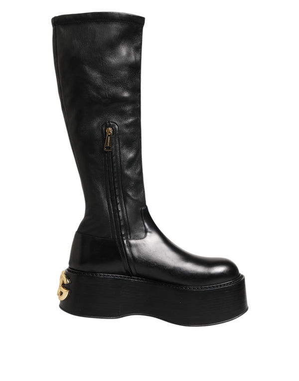 Schwarzes Logo Plaque Over The Calf Stiefel Schuhe