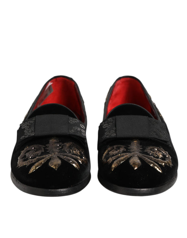 Schwarzer Samt Stickerei Formale Loafers Schuhe