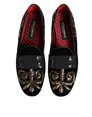Schwarzer Samt Stickerei Formale Loafers Schuhe