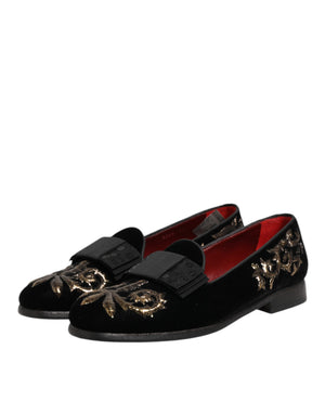 Schwarzer Samt Stickerei Formale Loafers Schuhe