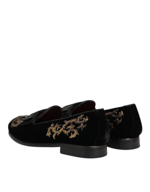 Schwarzer Samt Stickerei Formale Loafers Schuhe