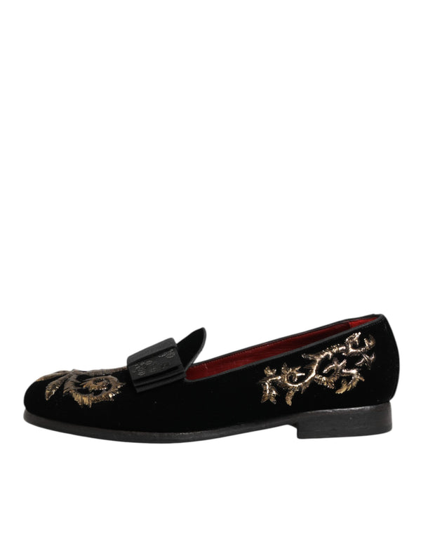 Schwarzer Samt Stickerei Formale Loafers Schuhe