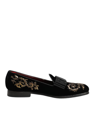 Schwarzer Samt Stickerei Formale Loafers Schuhe