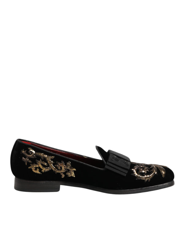 Schwarzer Samt Stickerei Formale Loafers Schuhe