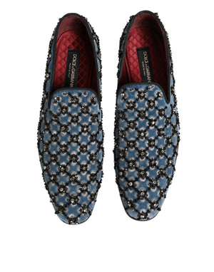 Blauer Samt Crystal Detailing Loafer Männer Schuhe