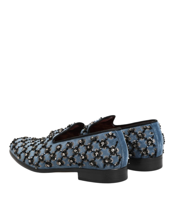 Blauer Samt Crystal Detailing Loafer Männer Schuhe