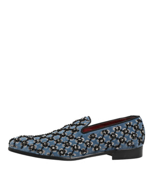 Blauer Samt Crystal Detailing Loafer Männer Schuhe