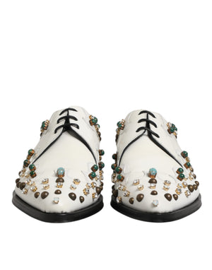 Weiße, mit Kristallen verzierte Derby-Schuhe aus Leder