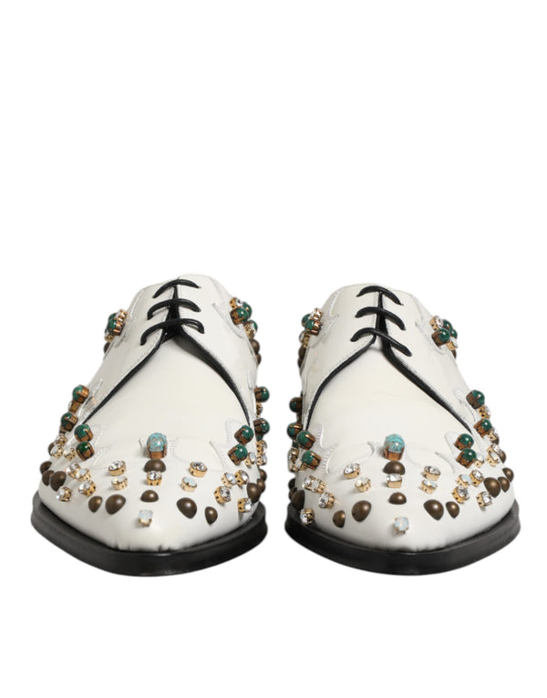 Weiße, mit Kristallen verzierte Derby-Schuhe aus Leder