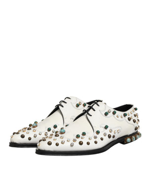 Weiße, mit Kristallen verzierte Derby-Schuhe aus Leder