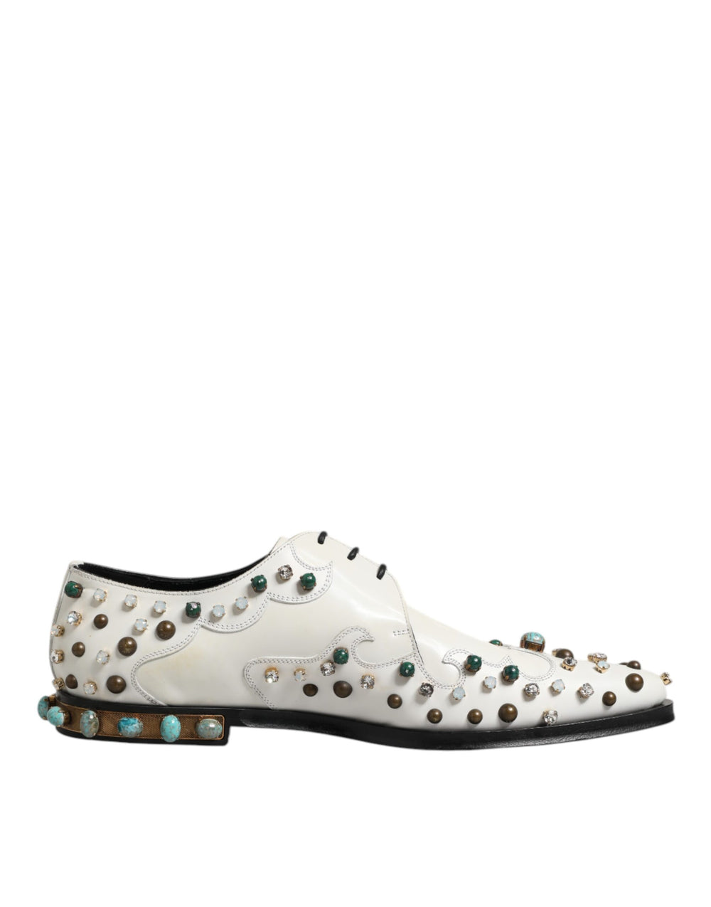 Weiße, mit Kristallen verzierte Derby-Schuhe aus Leder
