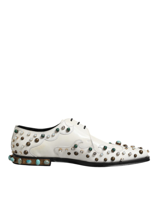 Weiße, mit Kristallen verzierte Derby-Schuhe aus Leder