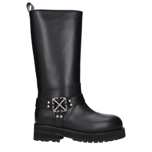 Schwarze Leder-Flachstiefel