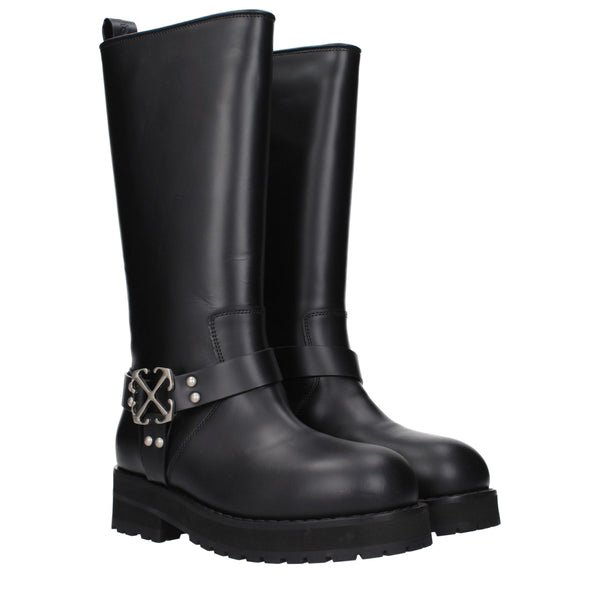 Schwarze Leder-Flachstiefel