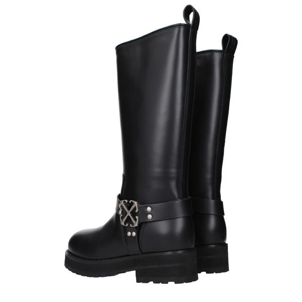 Schwarze Leder-Flachstiefel