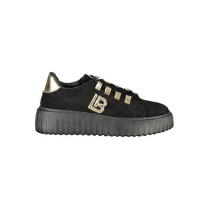Schwarzer Polyester-Damen-Sneaker mit goldenen Details und Strassstein-Akzenten