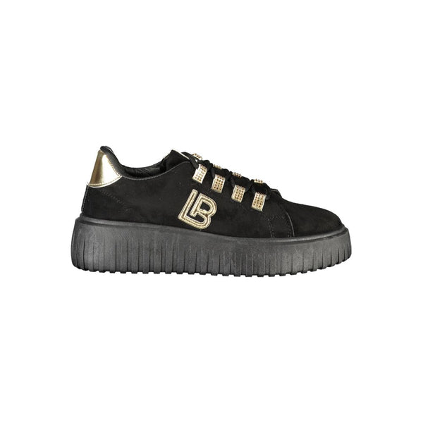 Schwarzer Polyester-Damen-Sneaker mit goldenen Details und Strassstein-Akzenten