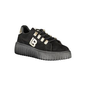 Schwarzer Polyester-Damen-Sneaker mit goldenen Details und Strassstein-Akzenten