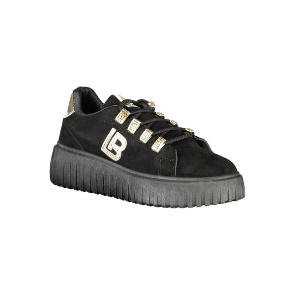 Schwarzer Polyester-Damen-Sneaker mit goldenen Details und Strassstein-Akzenten