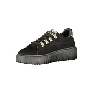 Schwarzer Polyester-Damen-Sneaker mit goldenen Details und Strassstein-Akzenten