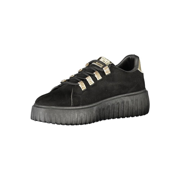 Schwarzer Polyester-Damen-Sneaker mit goldenen Details und Strassstein-Akzenten